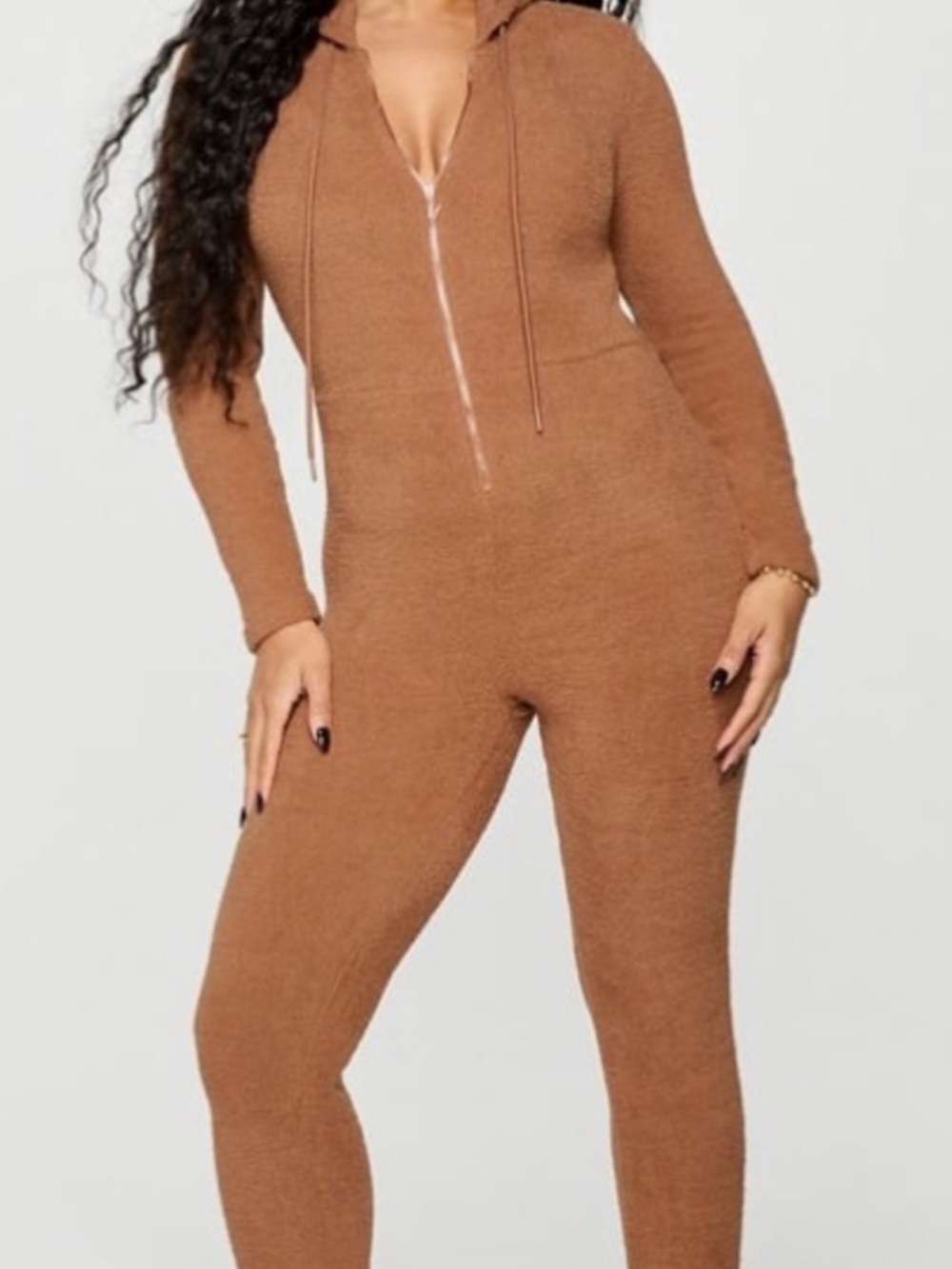 YITTY Zip-Front Hooded Jumpsuit in Camel Brown